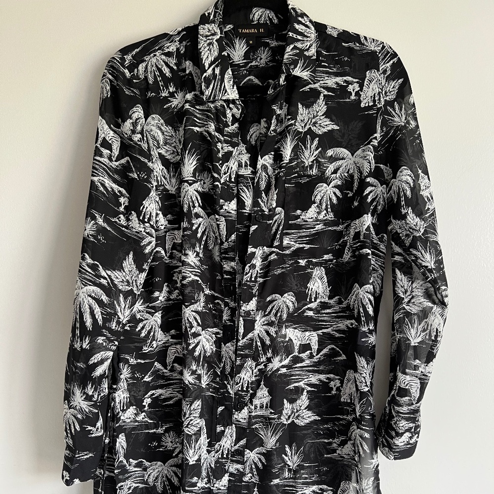 Black & White Sheer Safari Long sleeve Button Up Tunic Top